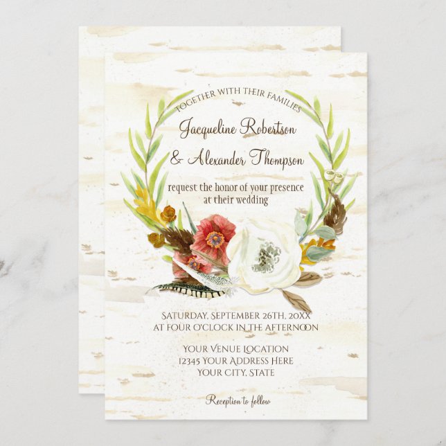 Invitation Mariage de automne Wreath Boho Feather Birk Bark P (Devant / Derrière)