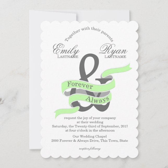 Invitation Mariage de bannière de ruban vert pour toujours et (Devant)