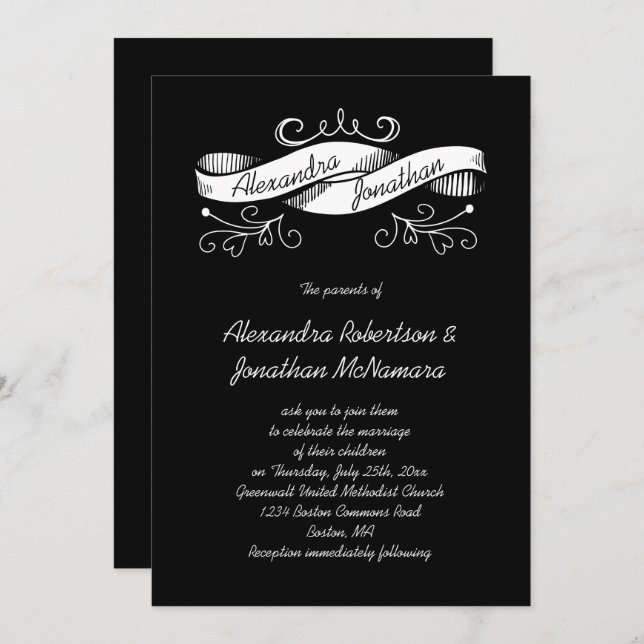 Invitation Mariage de bannière Vintage noire et blanche| (Devant / Derrière)