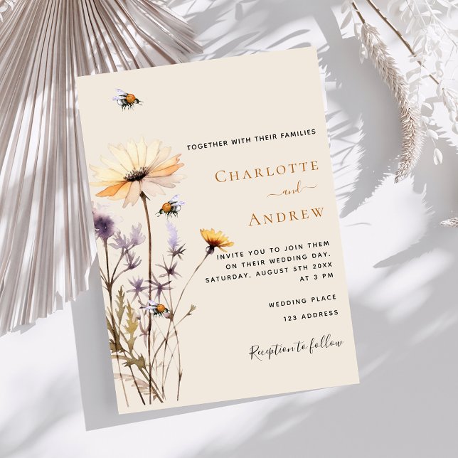 Invitation mariage de beige jaune fleur sauvage (Créateur téléchargé)
