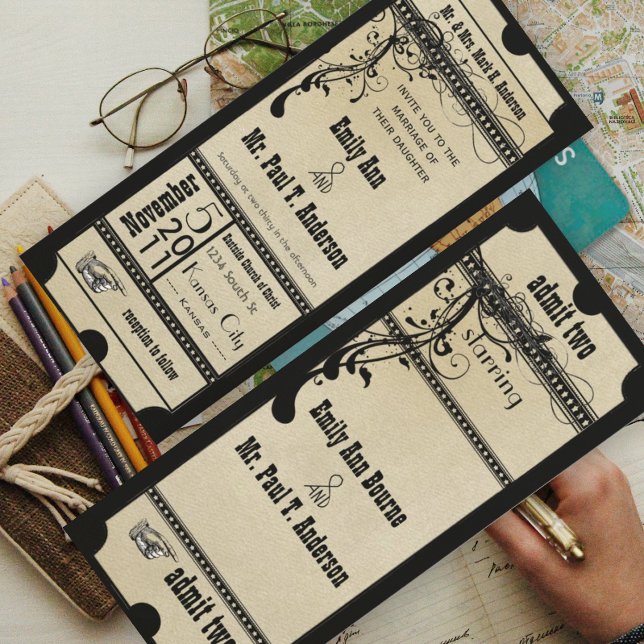 Invitation Mariage de billet Black Old Hollywood (Créateur téléchargé)