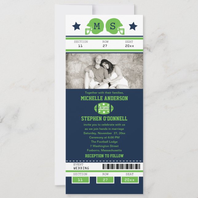 Invitation Mariage de billets de football Blue and Lime Green (Devant)