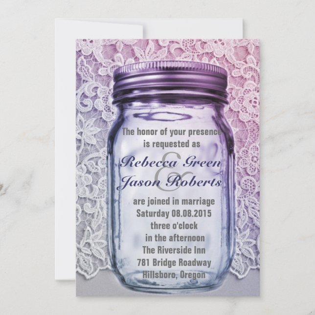Invitation mariage de bocal en dentelle violet de maçon vinta (Devant)