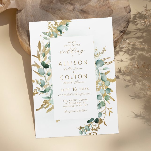 Invitation Mariage de boho d'or de l'eucalyptus rustique (Rustic eucalyptus gold greenery boho wedding invitation)