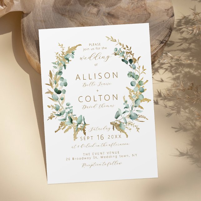 Invitation Mariage de boho d'or de l'eucalyptus rustique (Rustic eucalyptus gold greenery boho wedding invitation)