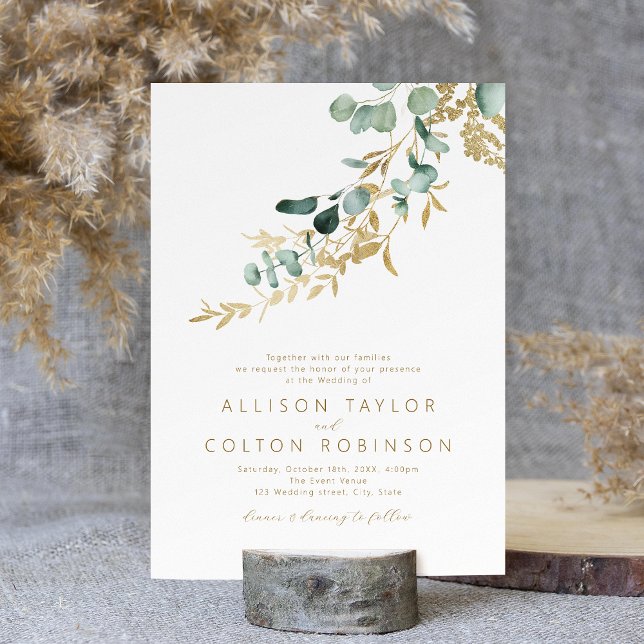 Invitation Mariage de boho d'or de l'eucalyptus rustique (Rustic eucalyptus gold greenery boho wedding invitation)