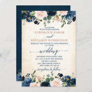 Invitation Mariage de Boho Russe Rose Rose Rose Bleu Marine