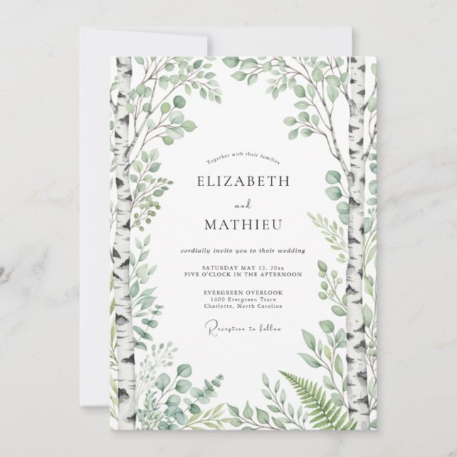 Invitation Mariage de bois botanique vert sauge (Devant)