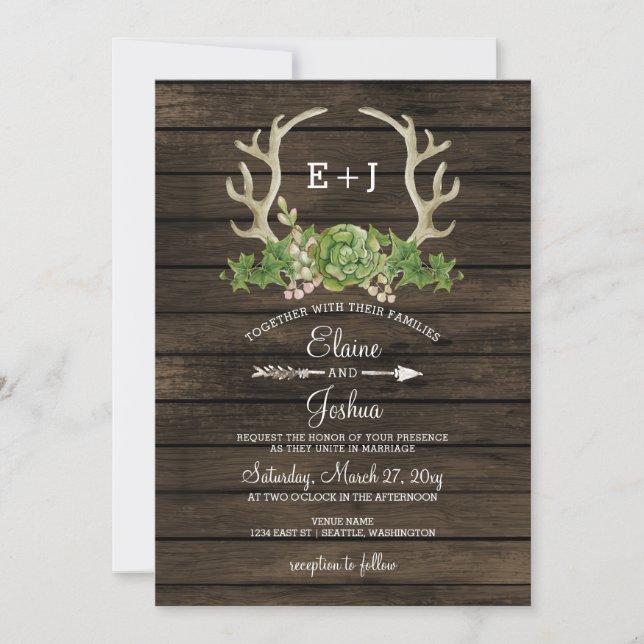 Invitation Mariage de bois de grange rustique Succulent Antle (Devant)