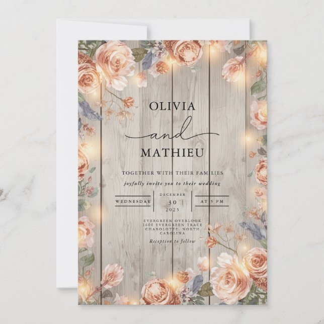 Invitation Mariage de bois rustique de couleur florale (Devant)