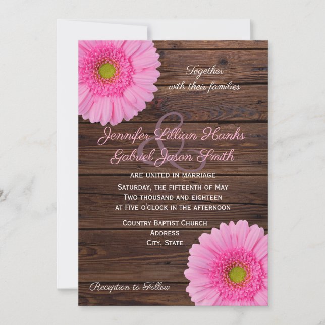 Invitation Mariage de bois rustique fleuri rose gerbera (Devant)