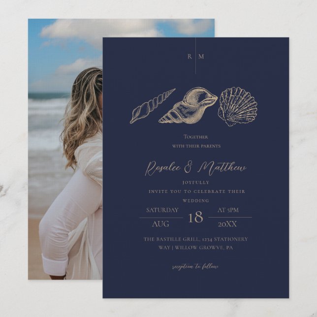 Invitation Mariage de bord de mer bleu marine et or Shells  (Devant / Derrière)
