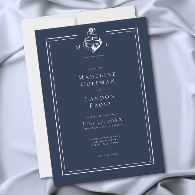 Invitation Mariage de bord de mer minimal bleu blanc (Blue White Minimal Nautical Anchor Coastal Wedding Invitation)