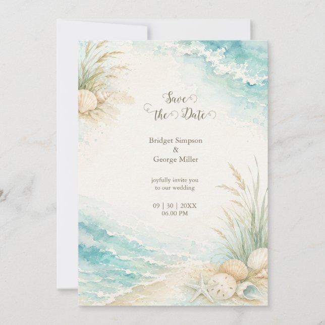 Invitation Mariage de bord de mer romantique aquarelle plage (Devant)