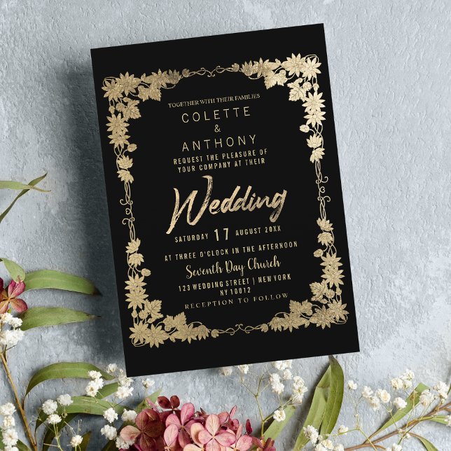 Invitation Mariage de bordure à cadre fleuri en or noir (Classy black gold floral frame border Wedding)