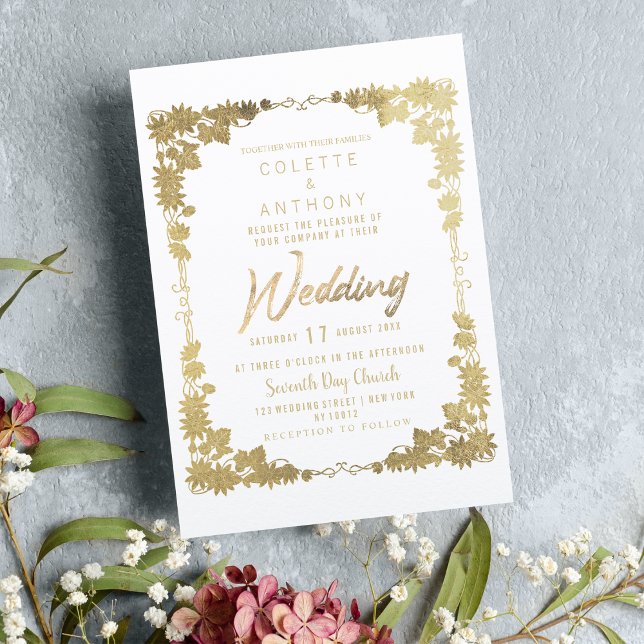Invitation Mariage de bordure à cadre floral or blanc classiq (Classy white gold floral frame border Wedding )