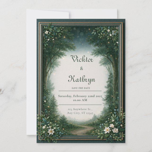 Invitation Mariage de bordure de bois émeraude de lucioles (Devant)