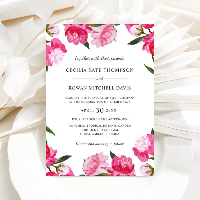 Invitation Mariage de bordure de pivoine aquarelle rose vibra (Créateur téléchargé)