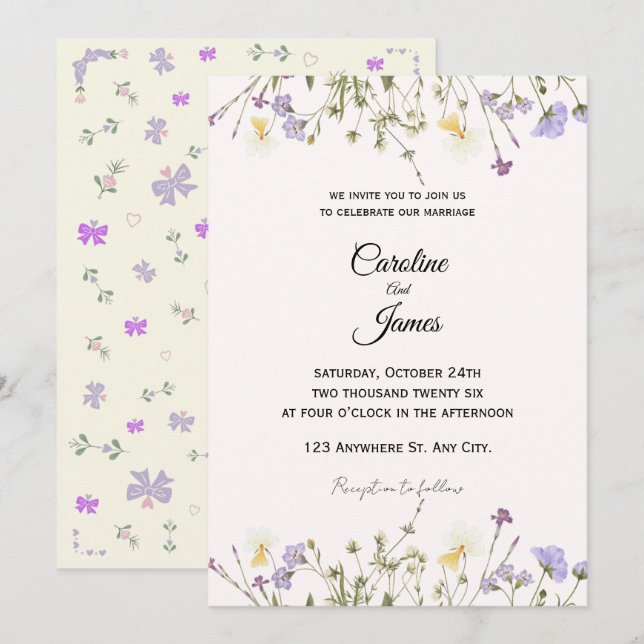 Invitation Mariage de bordure de prairie fleurie fantaisiste  (Devant / Derrière)