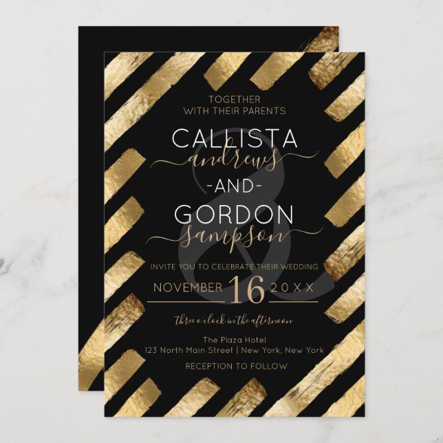 Invitation Mariage de bordure en bande en or noir chic (Devant / Derrière)