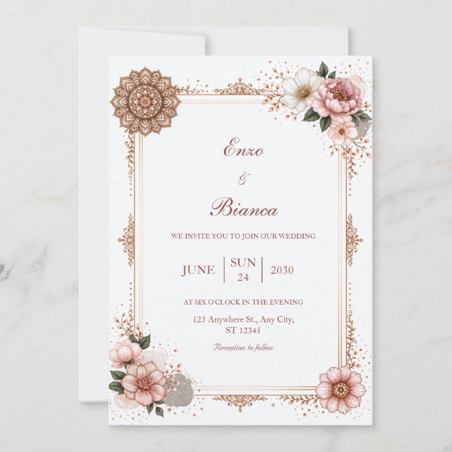 Invitation Mariage de bordure florale mandala en or rose (Devant)