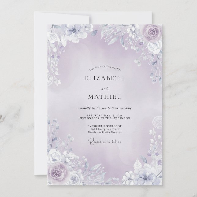Invitation Mariage de bordure florale vaporeuse lavande (Devant)