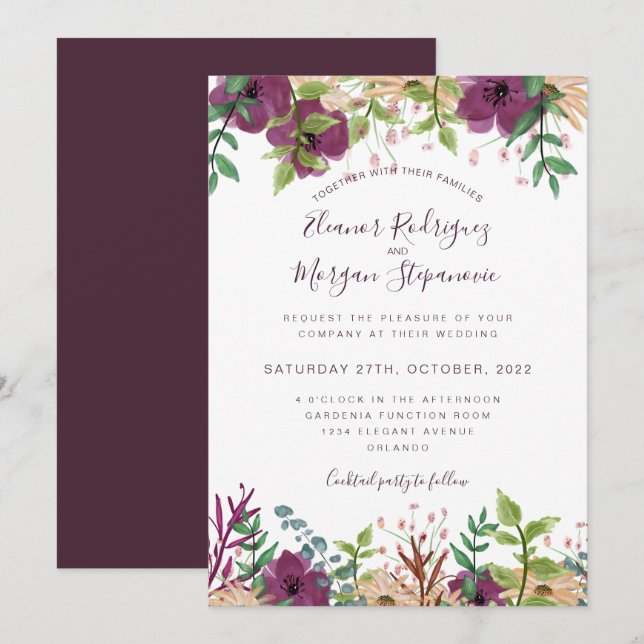 Invitation Mariage de bordure florale violette de Bourgogne (Devant / Derrière)