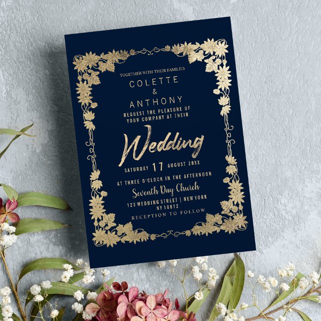 Invitation Mariage de bordure marine bleu or à cadre floral (Classy navy blue gold floral frame border Wedding)
