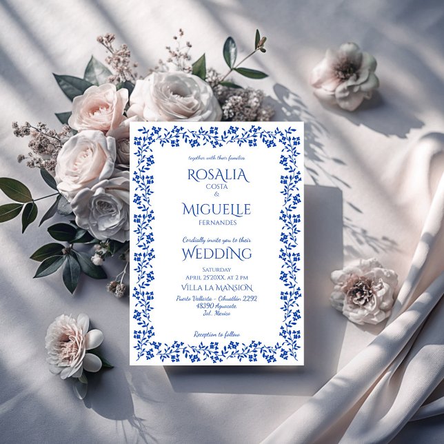 Invitation Mariage de bordure vintage bleu marine (Navy blue vintage floral border  modern elegant wedding invitation cards with rsvp editable template)