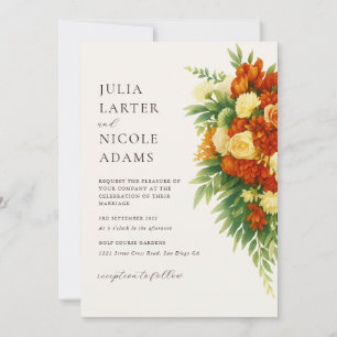 Invitation Mariage de bouquet de fleurs vert orange du couche
