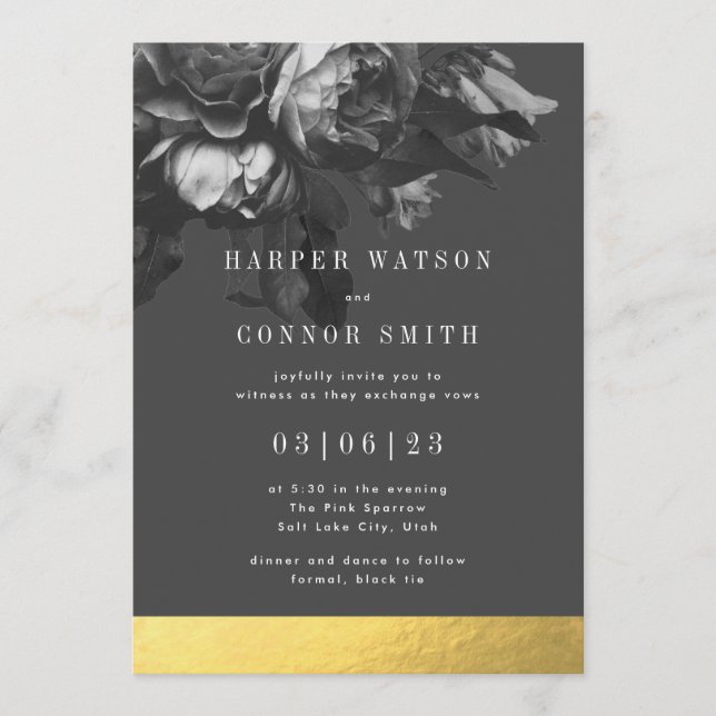 Invitation Mariage de bouquet de roses en or noir (Devant)