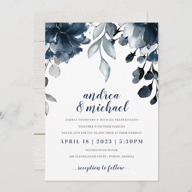 Invitation Mariage de bouquet floral bleu marine (Devant / Derrière)