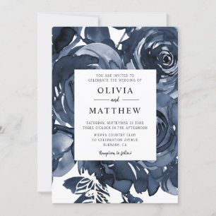 Invitation Mariage de bouquet Rose moderne bleu foncé