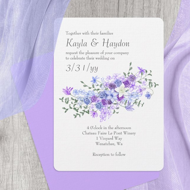 Invitation Mariage de bouquet rose violet et bleu clair (Purple and dusty blue wedding invitations, lavender, lilac rose bouquet, leafy green)
