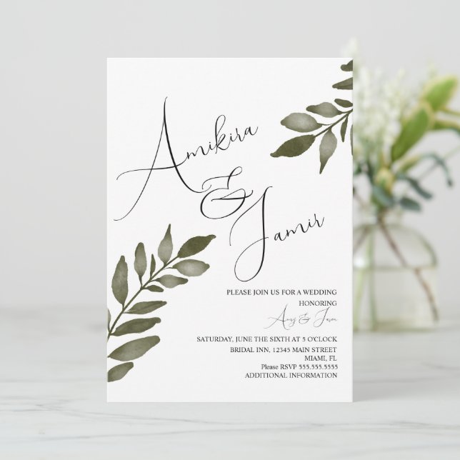 Invitation Mariage de branche de feuille d'aquarelle Script  (Debout devant)