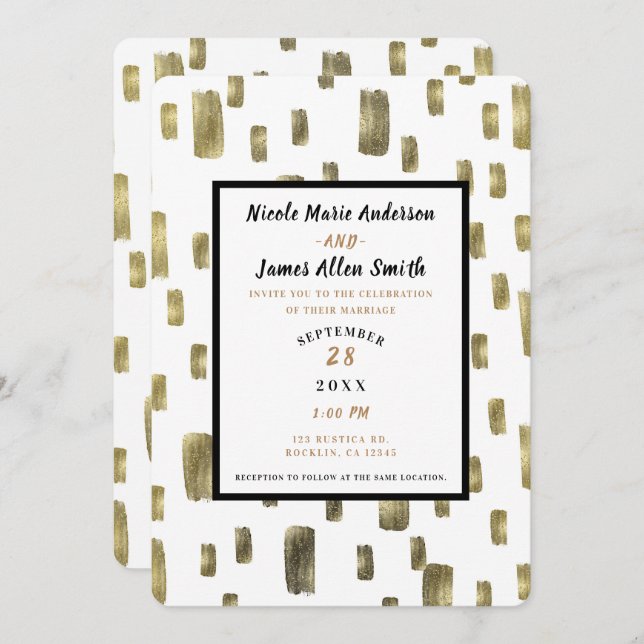 Invitation Mariage de bronze doré de pinceau moderne (Devant / Derrière)