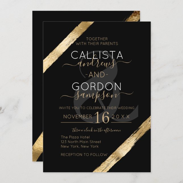 Invitation Mariage de brosse Artsy Black Gold de luxe (Devant / Derrière)