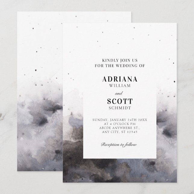 Invitation Mariage de brouillard gris noir Aquarelle (Devant / Derrière)