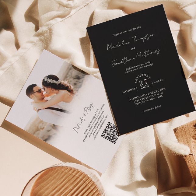Invitation Mariage de budget photo noir et blanc QR Code Rsvp (Créateur téléchargé)