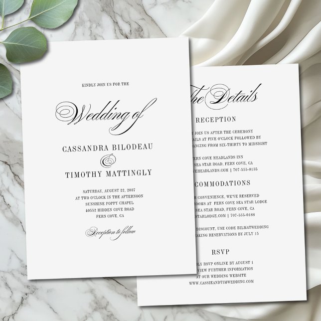 Invitation Mariage de budget tout-en-un noir noir (All-in-one version of elegant romantic script wedding invitation with customizable details on back)