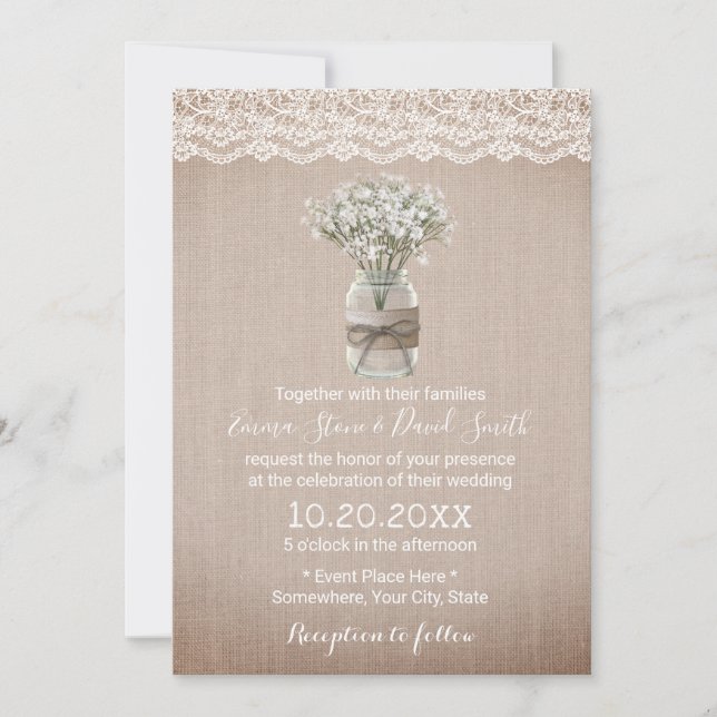 Invitation Mariage de Burlap rustique pour bébé souffle flora (Devant)