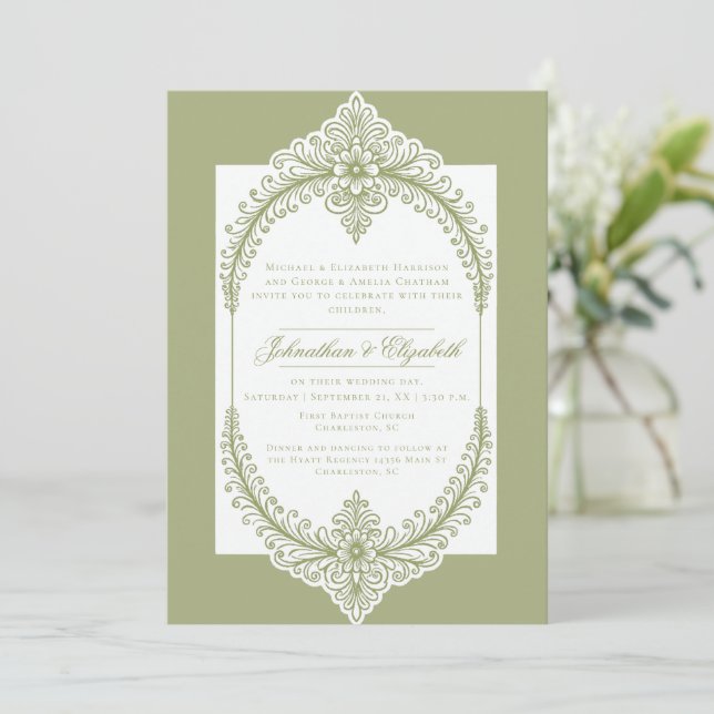Invitation Mariage de cadre à la française vert olive (Debout devant)