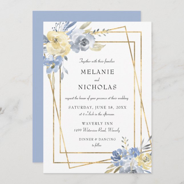 Invitation Mariage de cadre bleu floral Dusty (Devant / Derrière)