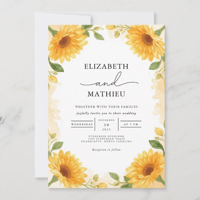 Invitation Mariage de cadre botanique de tournesol doré (Devant)