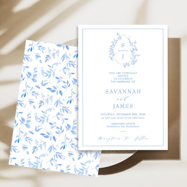 Invitation Mariage de cadre classique Foliage bleu Crest (Classic Blue Crest Wedding Invitation, Blue Monogram Wedding Invitation, Watercolor Foliage Crest)
