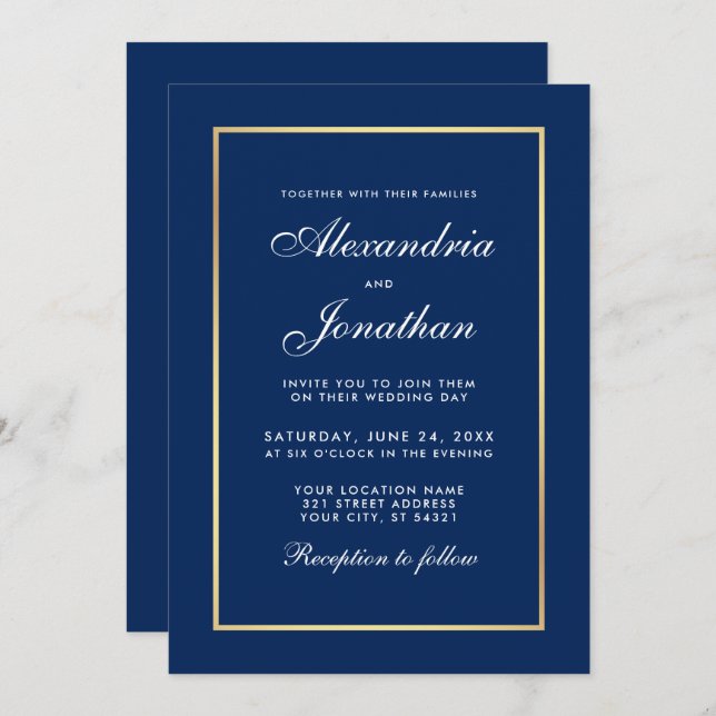 Invitation Mariage de cadre classique moderne en or bleu (Devant / Derrière)