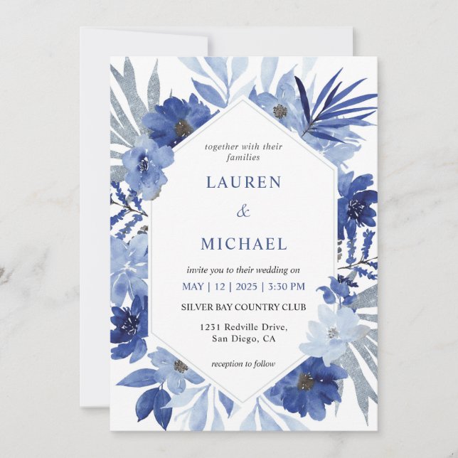 Invitation Mariage de cadre de bouquet bleu blanc personnalis (Devant)