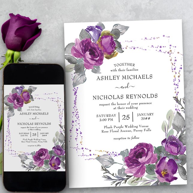 Invitation Mariage de cadre de Confetti Floral à l'aquarelle  (Elegant purple floral wedding invitation from my Plush Purple Wedding Collection)