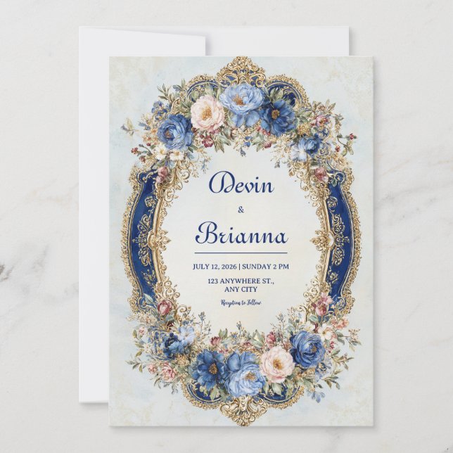 Invitation Mariage de cadre de couleur bleue et or victorienn (Devant)