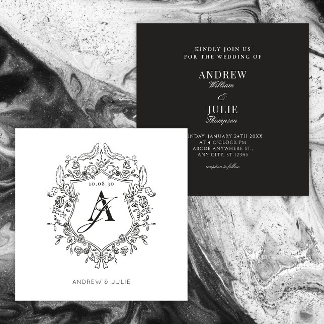 Invitation Mariage de cadre de crête noir et blanc (Créateur téléchargé)